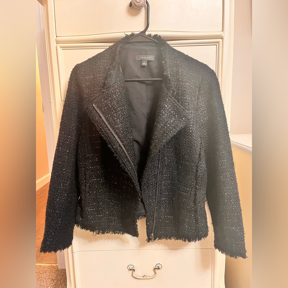 Tweed, Black/Silver, Zip Up or Open Front Jacket from Ann Taylor (Size 10)